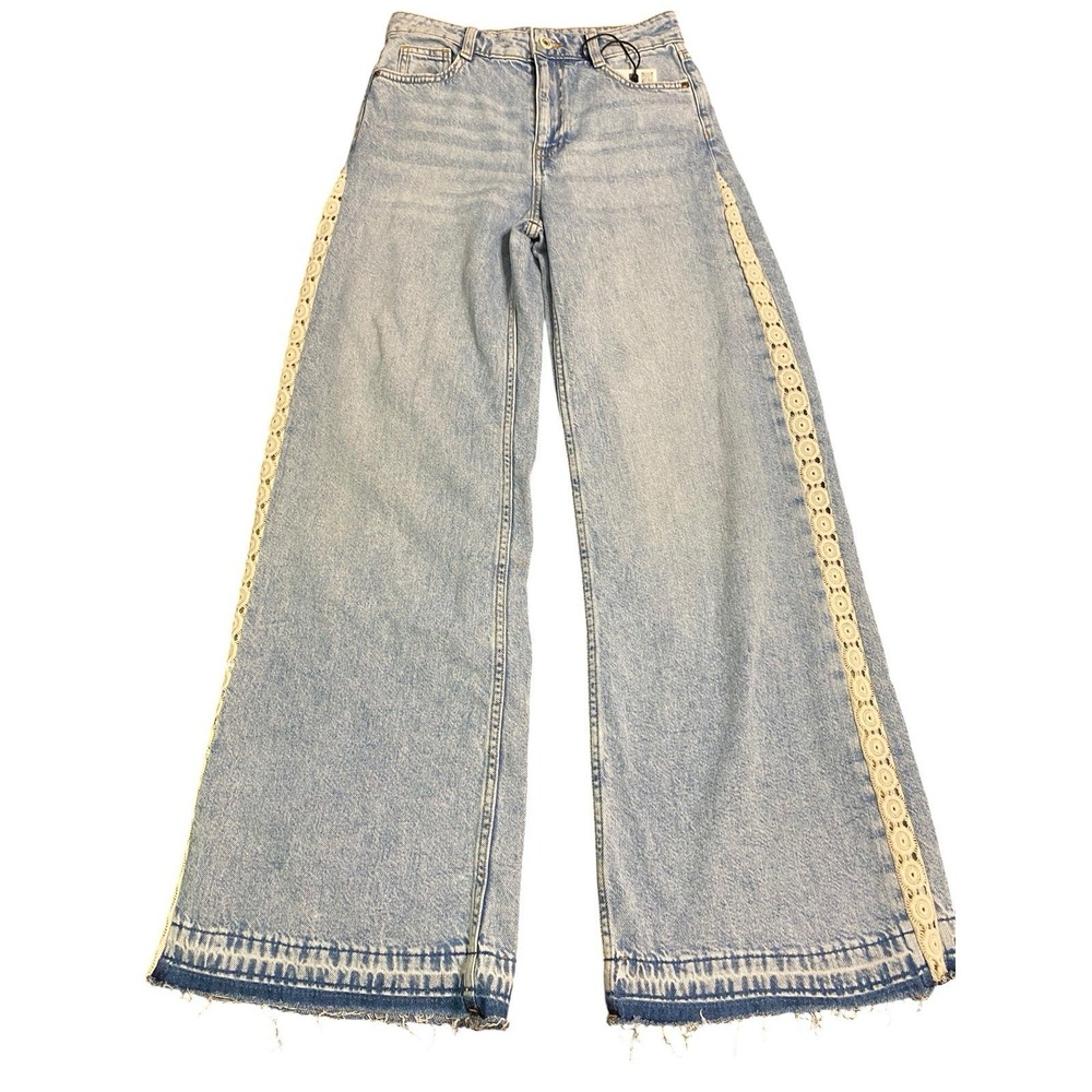 ZARA NWT Z1975 High Waist Wide Leg Crochet Combined Jeans Light Wash Sz 0 32
